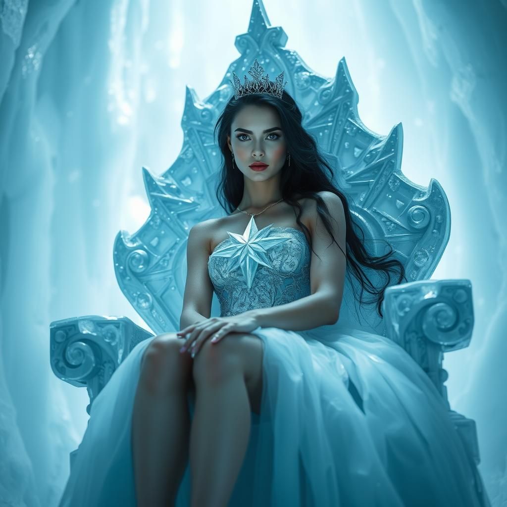 beautiful woman, raven black hair, ice queen, icy white blue dress, sitting on a throne of ice, in a icy palace, camera from below, ice quee...