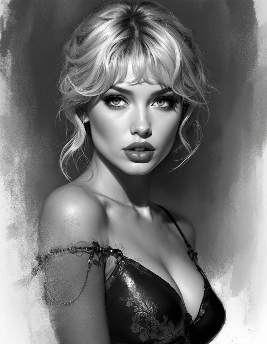 Bangs frame downcast eyes / Shadows pool in monochrome / Pearls catch silent light