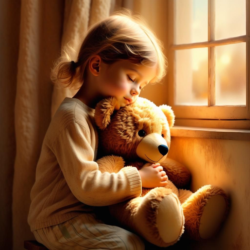 a child hugging a teddy bear  by @roland