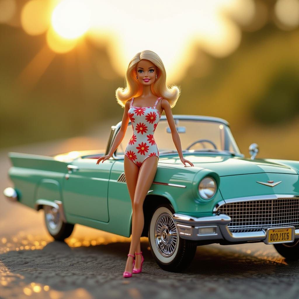 Vintage Barbie Doll Poses with Retro Car in Golden Hour Ligh...
