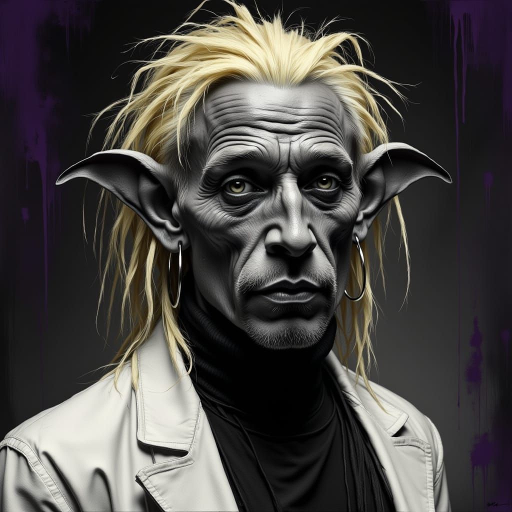 <lora:Double BlackWhite v1:1.0> <lora:Charcoal colour:1.0> Human with hobgoblin nose and ears
Grey skinned
Blonde hair with greasy dreads
Wh...