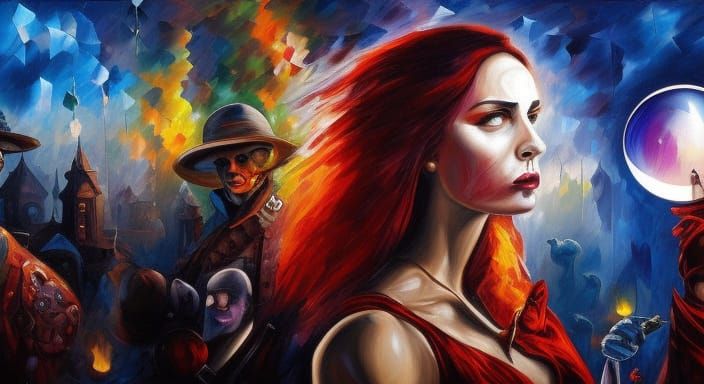 "gypsy gazing into crystal ball, interior, night, Post-apoca...