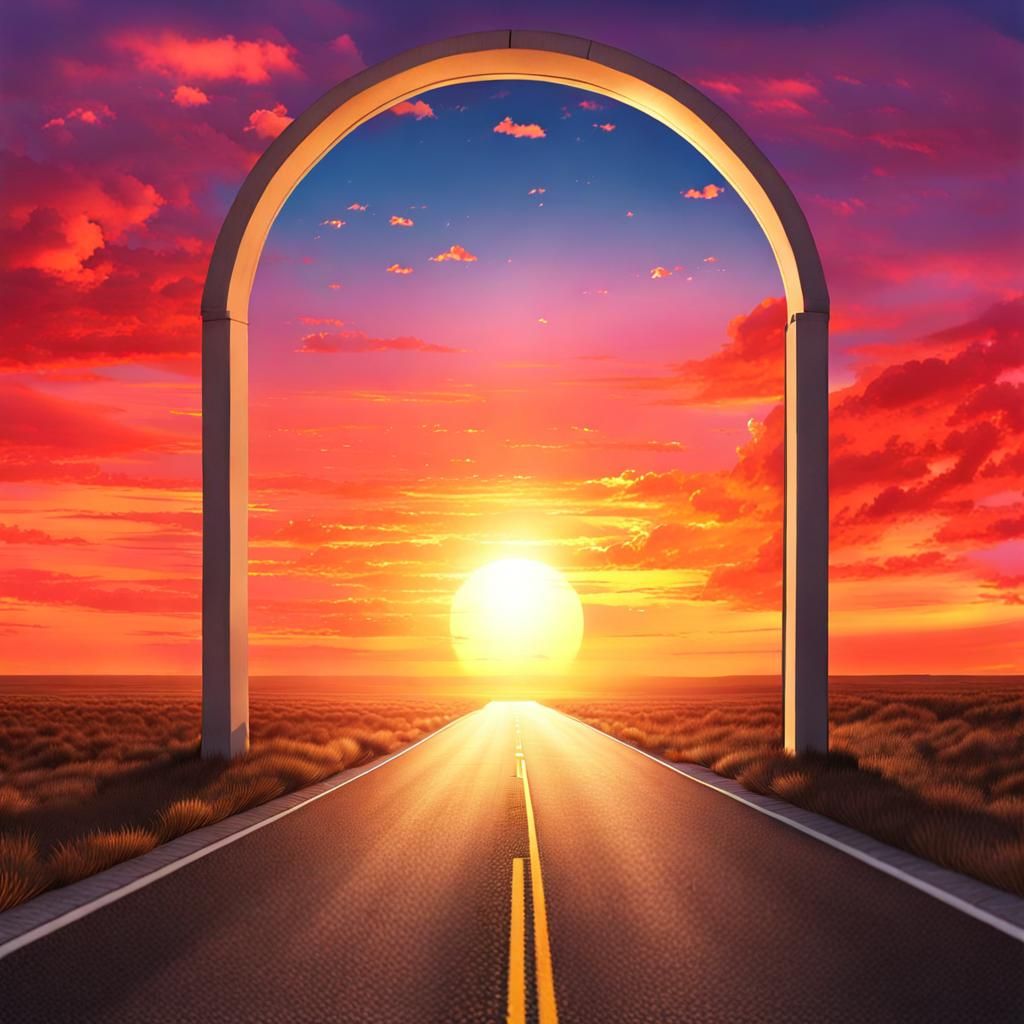 Infinite road. Bright sunset. Portal.