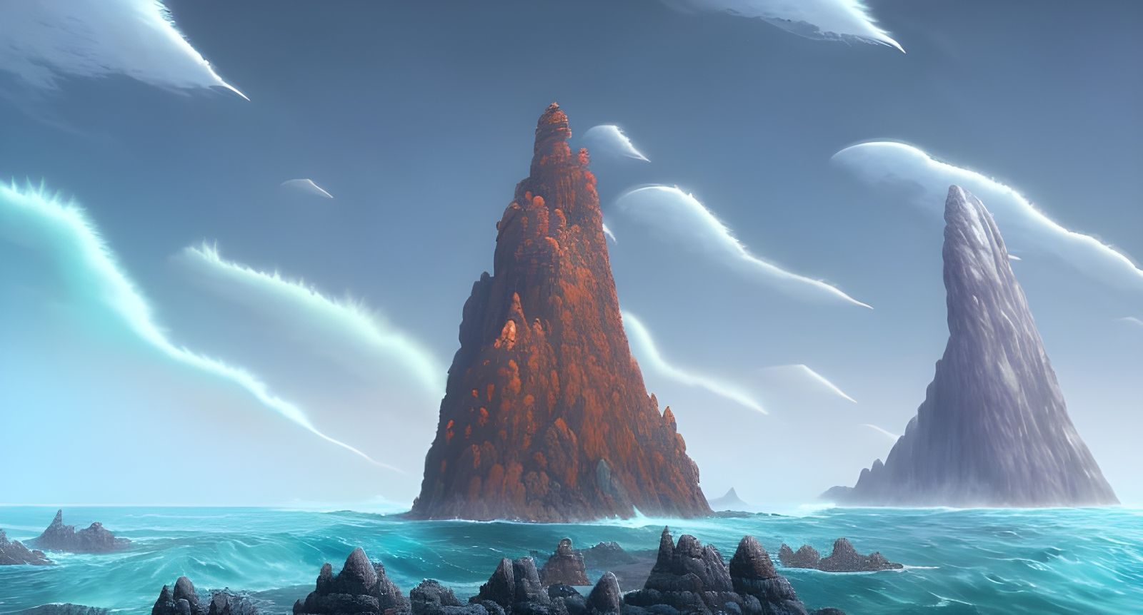 Elegant Stone Monolith Emerging from a Turbulent Ocean in Wa...