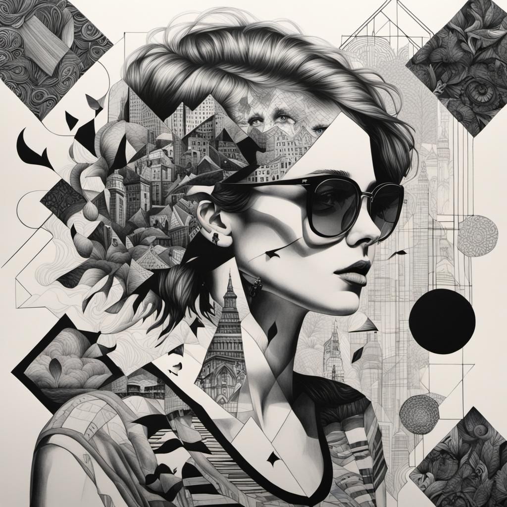 Double Exposure Collage: Punk Woman in Pencil Art Style