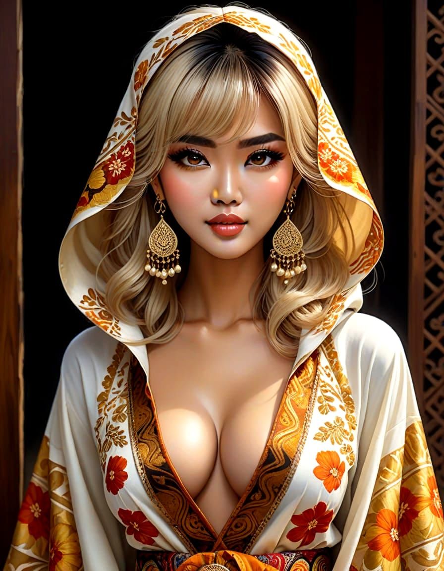 Woman in Indonesian Batik, Oil Painting Style