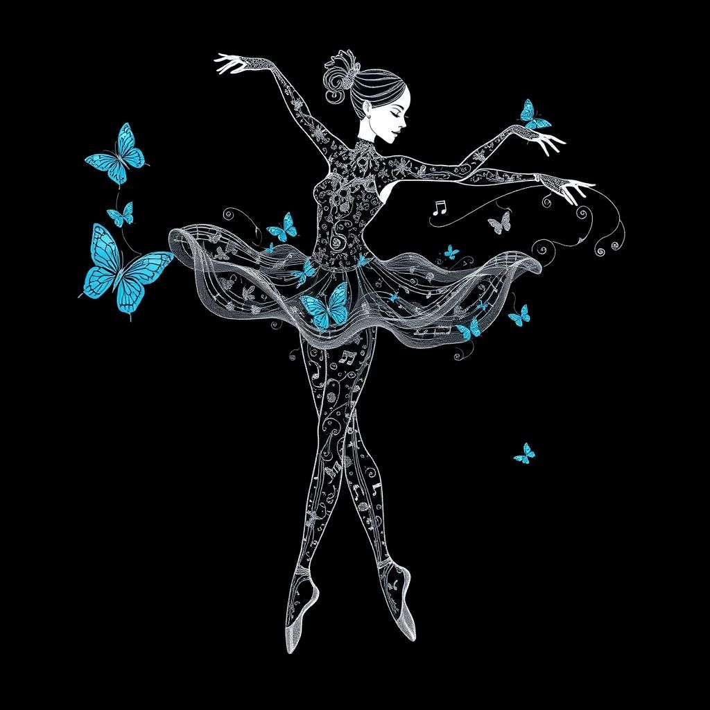 A stunning ballerina crafted from intricate musical notes, sways with effortless elegance, her movements flowing harmoni...