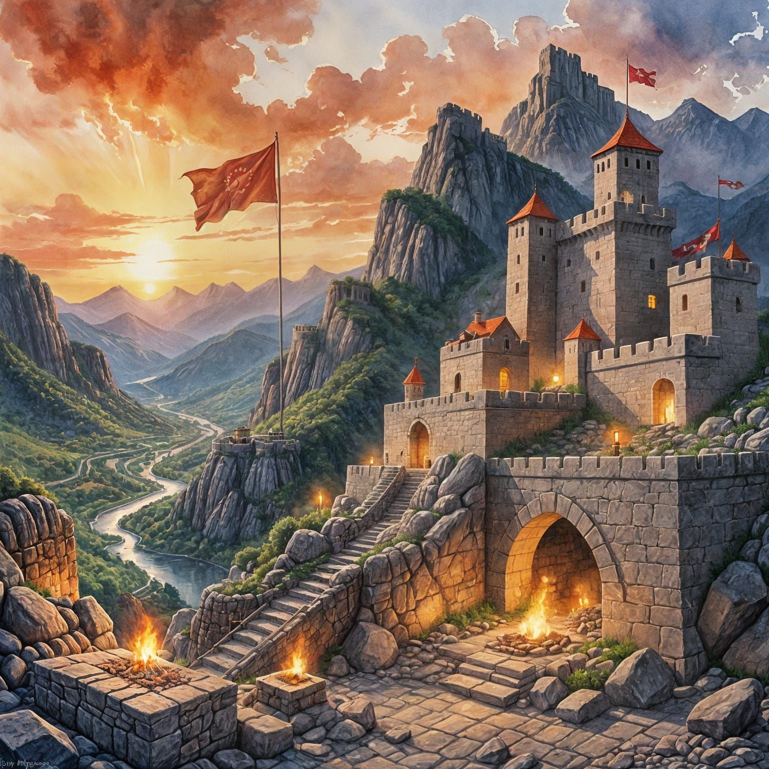 Watercolor Fortress with Magical Torches at Sunset