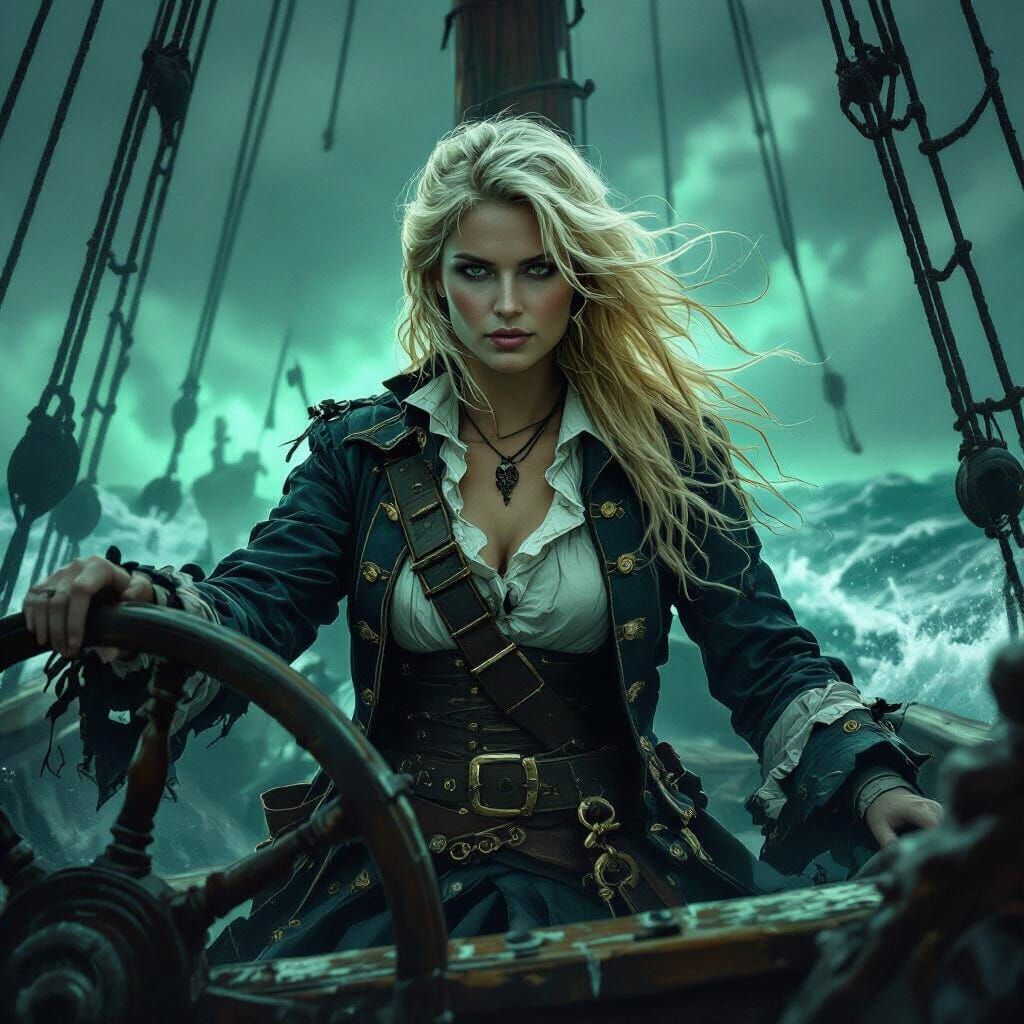 A spectral pirate captain, her tattered silks billowing in a phantom wind, stands at the helm of a ghost ...  by @Crawford