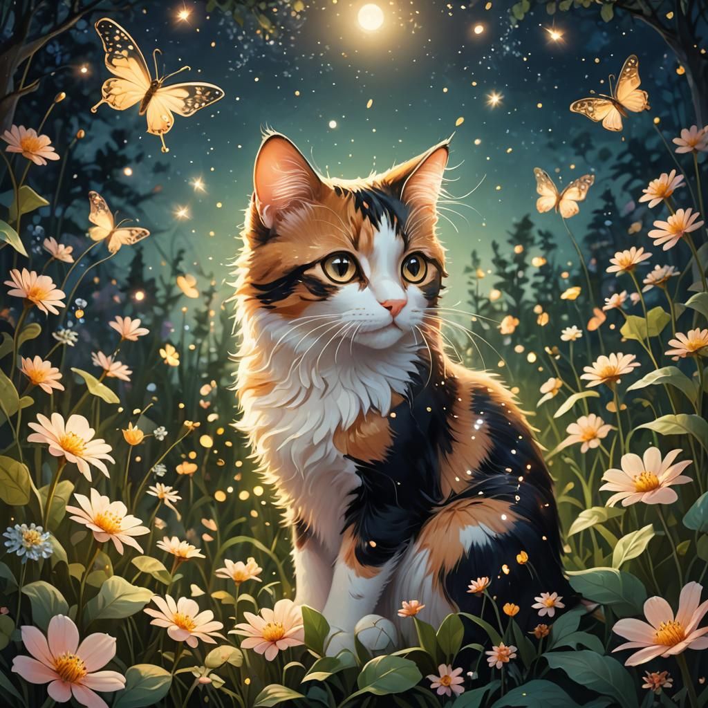 A pretty calico cat sitting in a garden at night. Tiny fairi...