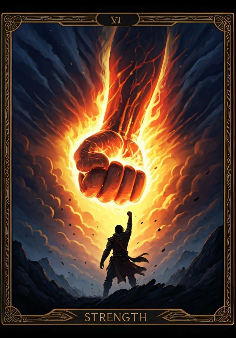 Tarot Strength: mortal hero striking deity fist   by @David Myers