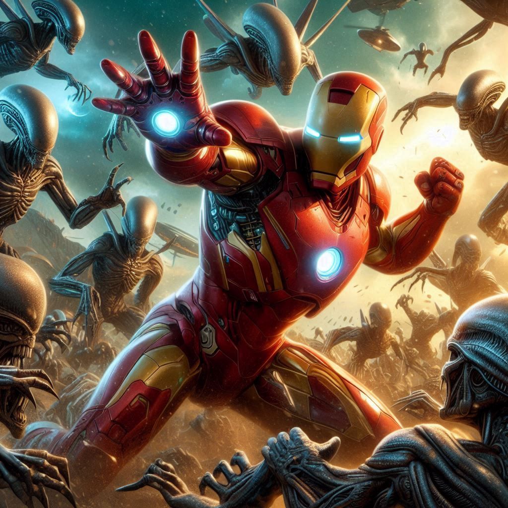 Iron Man Fighting Aliens   by @Queen_Asha
