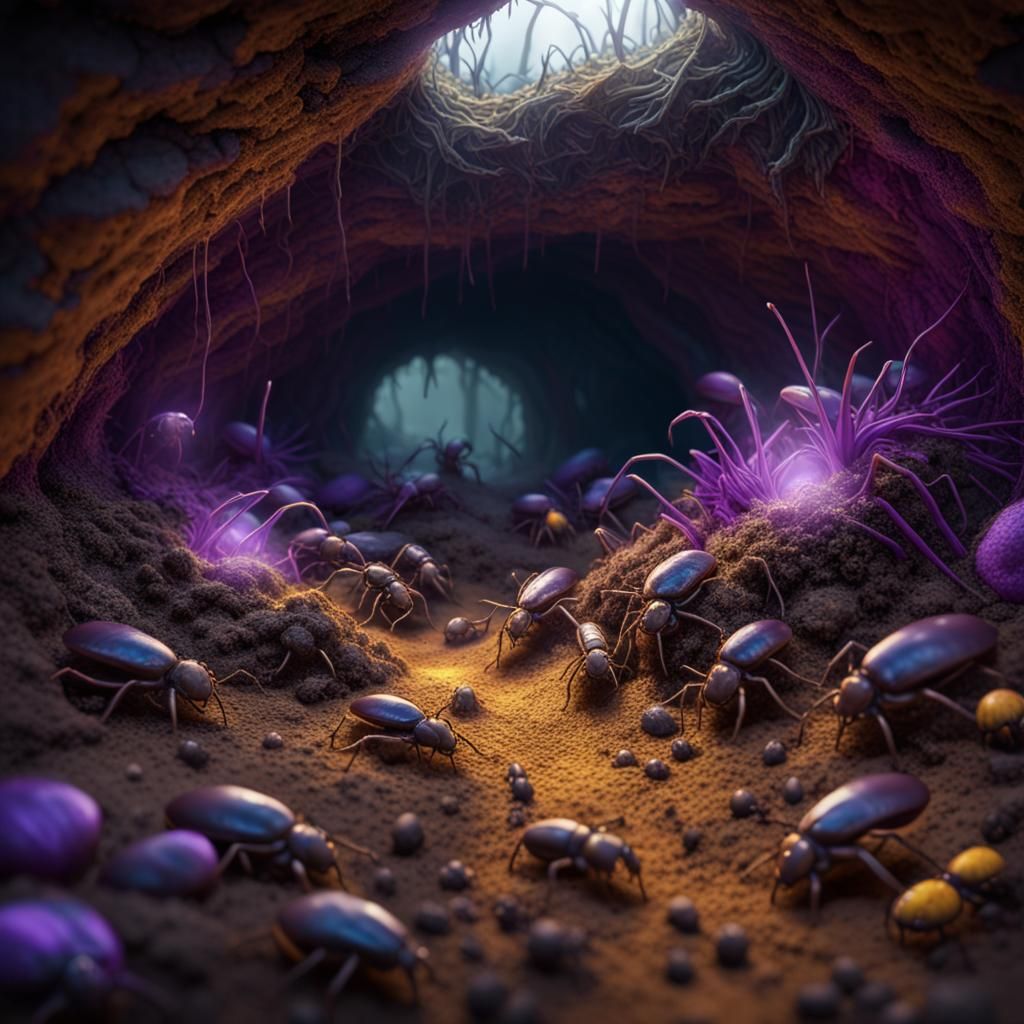 underground image of a anthill with ants and other bugs
