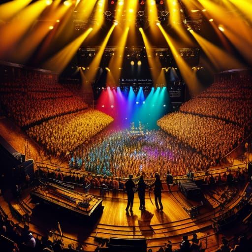 Young Men Sing on Rocky Stage with Vibrant Instruments