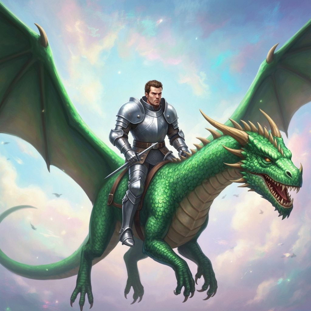A Knight riding on the back of a flying dragon, 