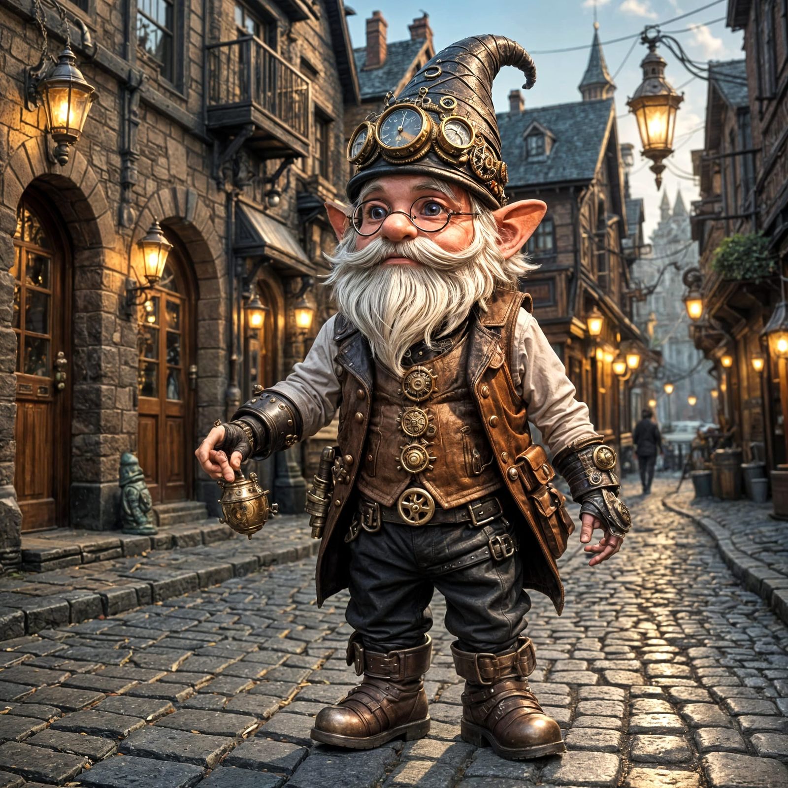Steampunk Gnome in Steampunk town  by @Francis H
