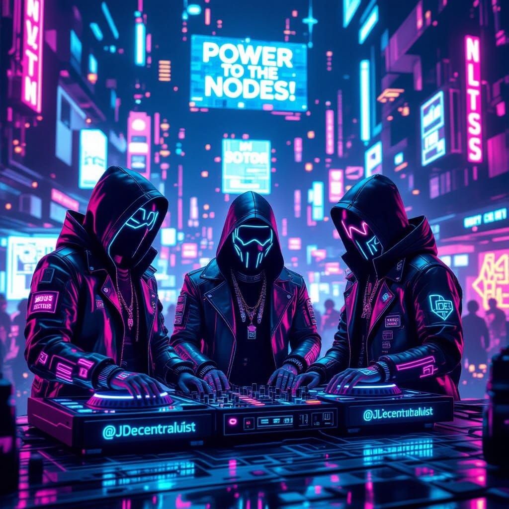 Visualize the Decentralized Electronic Anarchy (DEA) igniting a revolution in a neon-soaked, utopian cyberpunk world! 🌌 @DJDecentralUtopist ...
