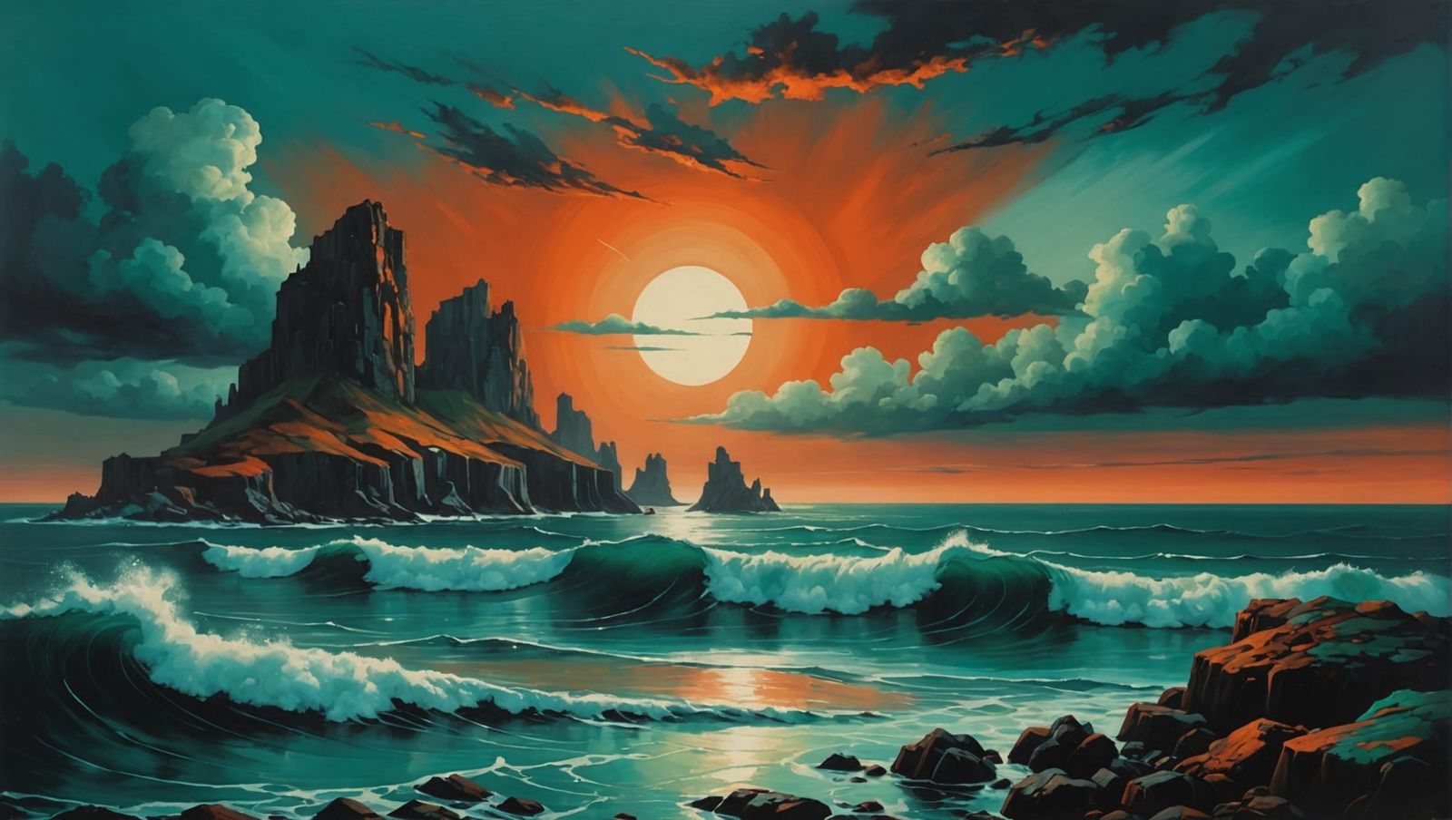Seascape in rich teal, dark orange and dark green hues