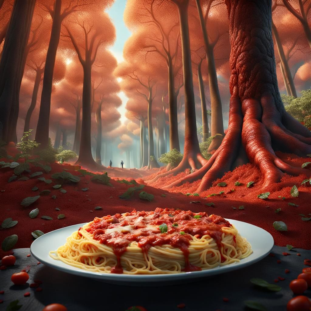 trees in the forest made of spaghetti with meat sauce, eats ...