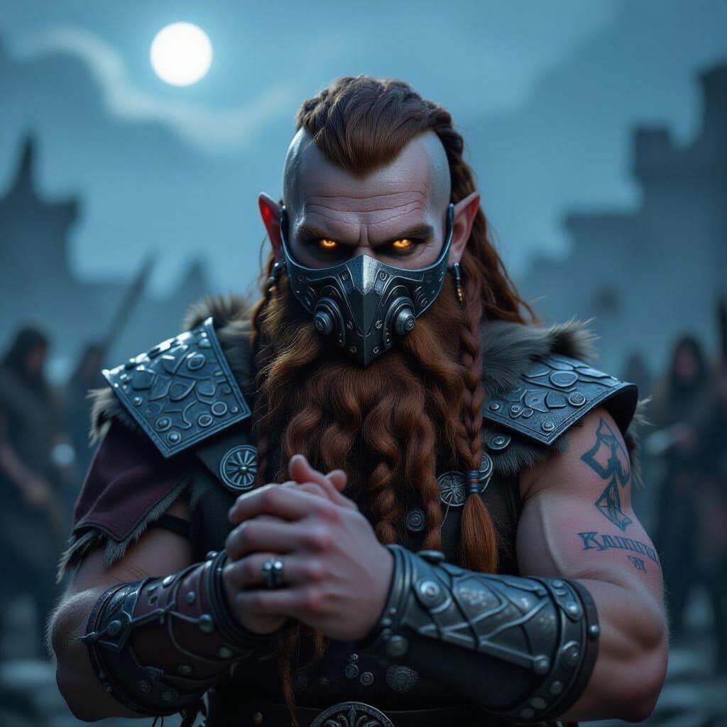 An epic realistic 4k photo of an ancient battleground in an ethereal misty area being looked over by a dwarf 