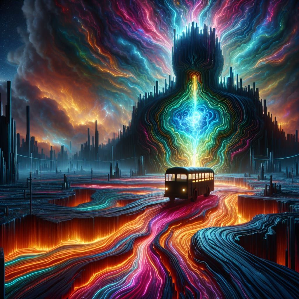 Chiaroscuro. Towering bus silhouette of swirling iridescent shadows rippling with kaleidoscopic glow. Chest fissure reveals a radiant core b...