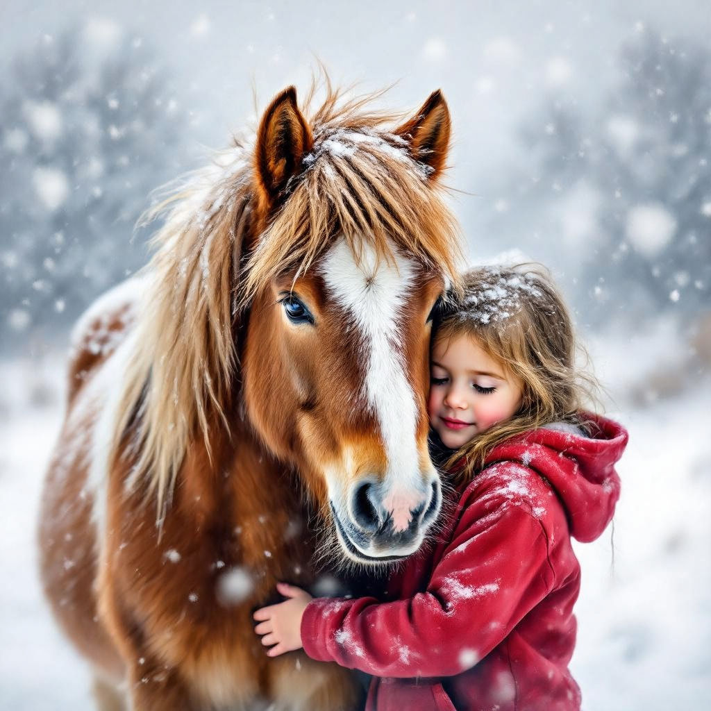 A Shetland Pony and young girl in a blizzard #3