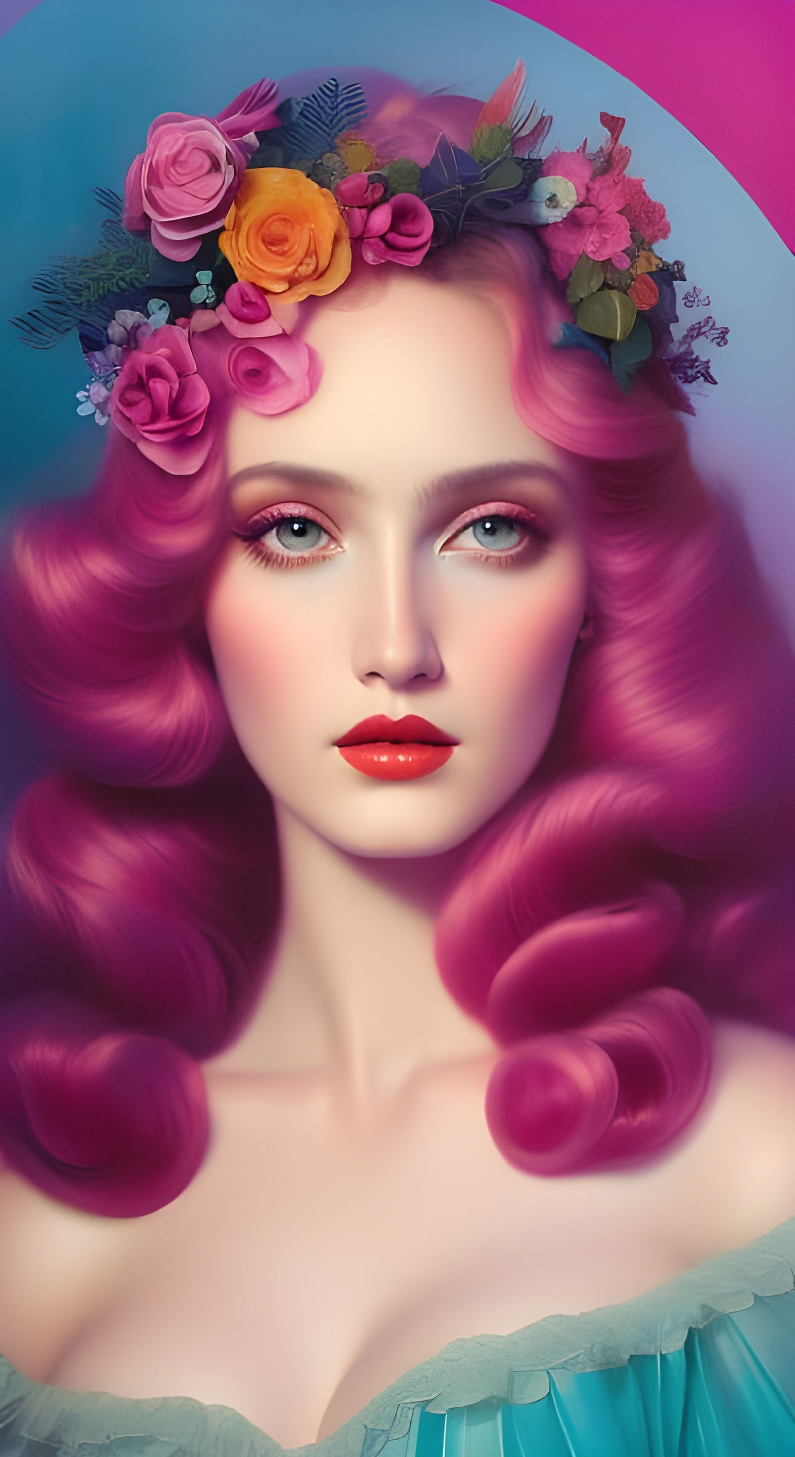Portrait Of wavy haired pin up model in lace surrounded by �...