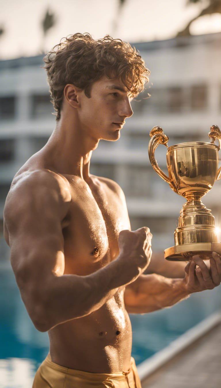 Shirtless muscular young swimmer holding a golden trophy at ...