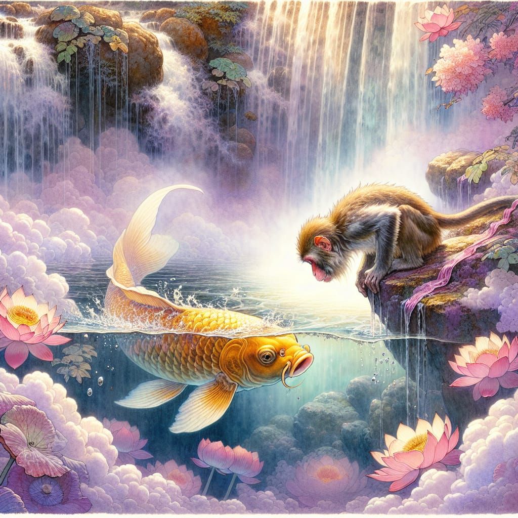 Golden Koi and Monkey in Ukiyo-e Watercolor Dreamscape