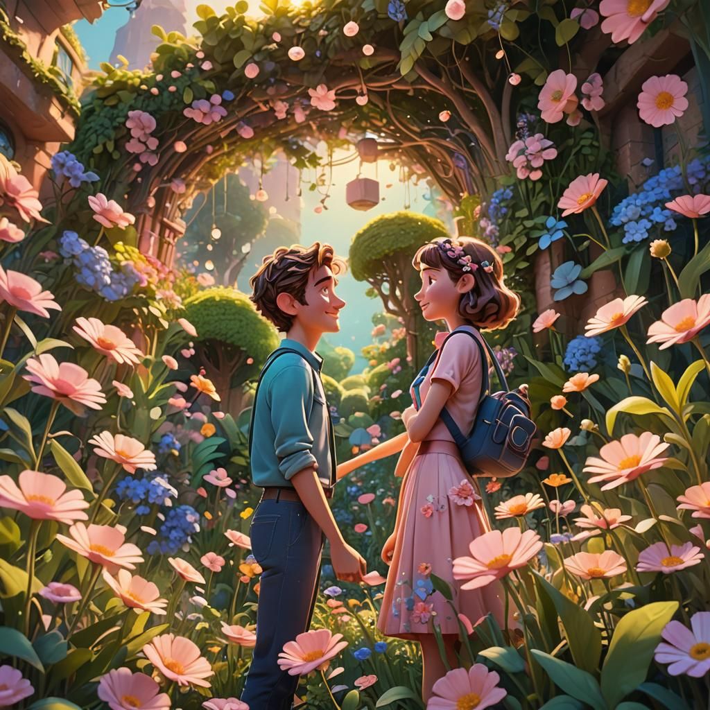 Romantic Embrace in Whimsical Garden: 3D Digital Art