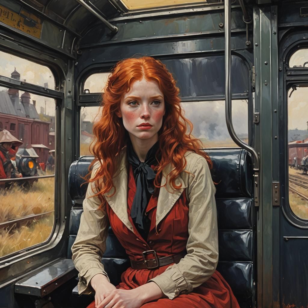 a ravishing red-haired beauty alone on a train. benton