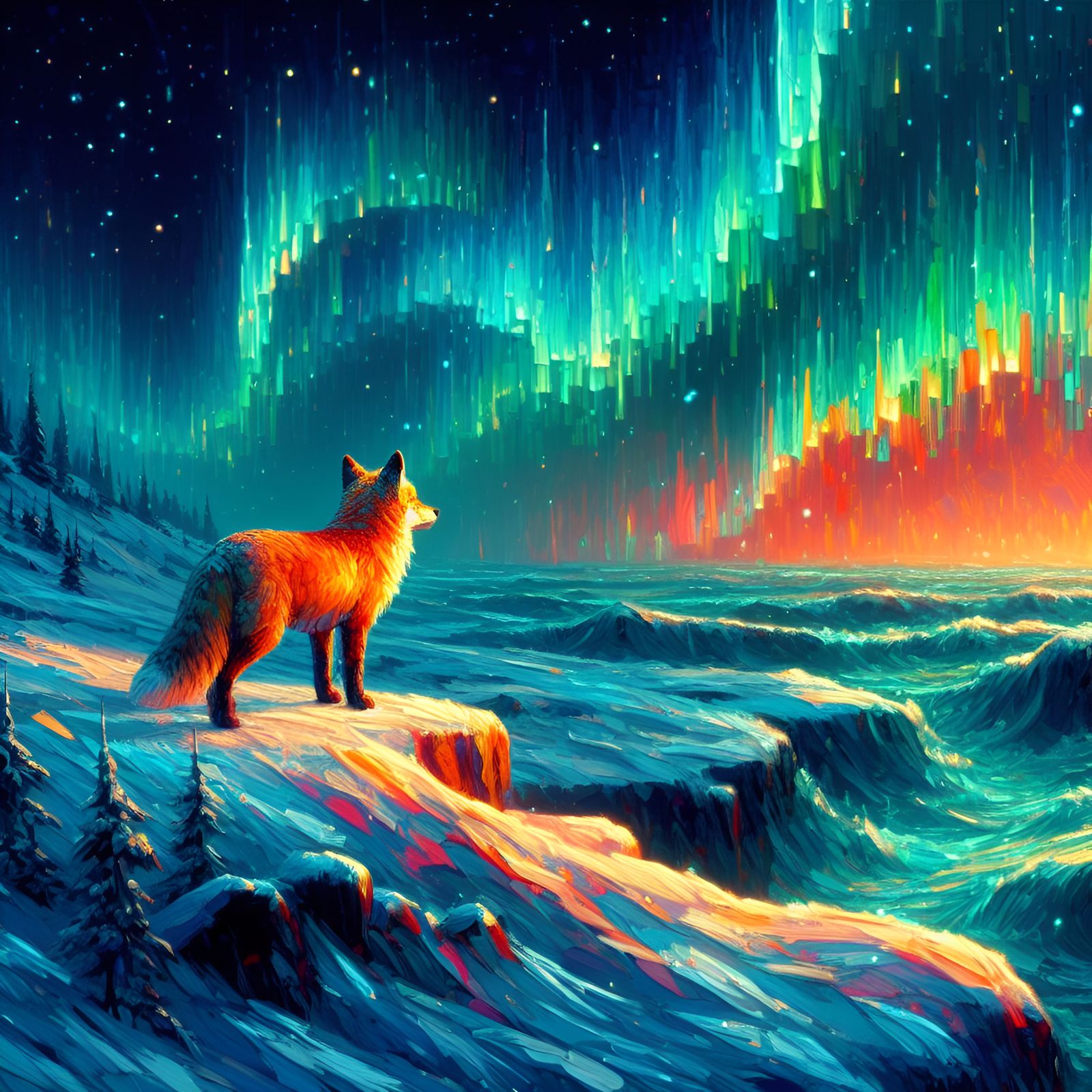 Cosmic Fox Waltz - Enchantment in the Aurora