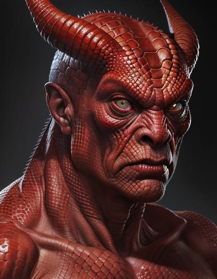 Red Hell Monster man, beautiful face and eyes,  reptile skin...