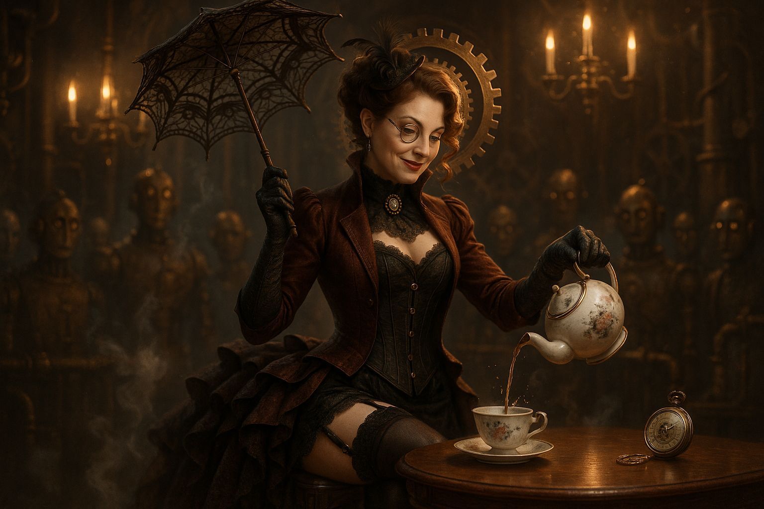 Steampunk Tea Duelist — brass & velvet  by @Fibek