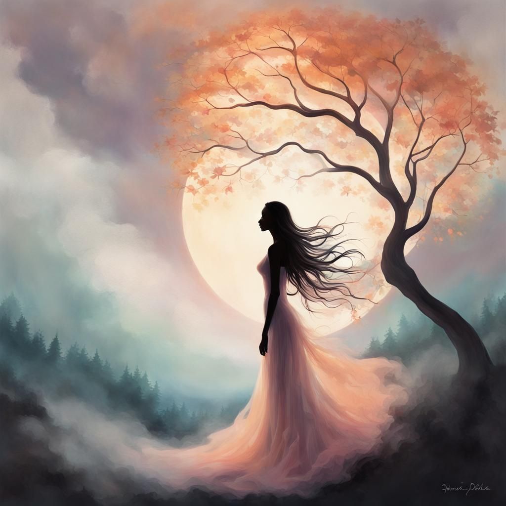 Mystical Woman Silhouette with Ethereal Tree