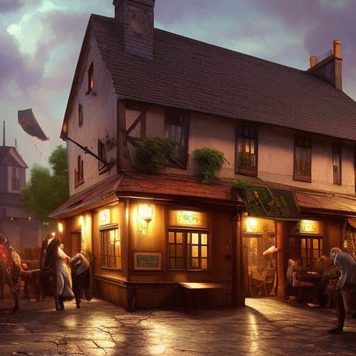 "Realistic painting of an old  Irish village pub"