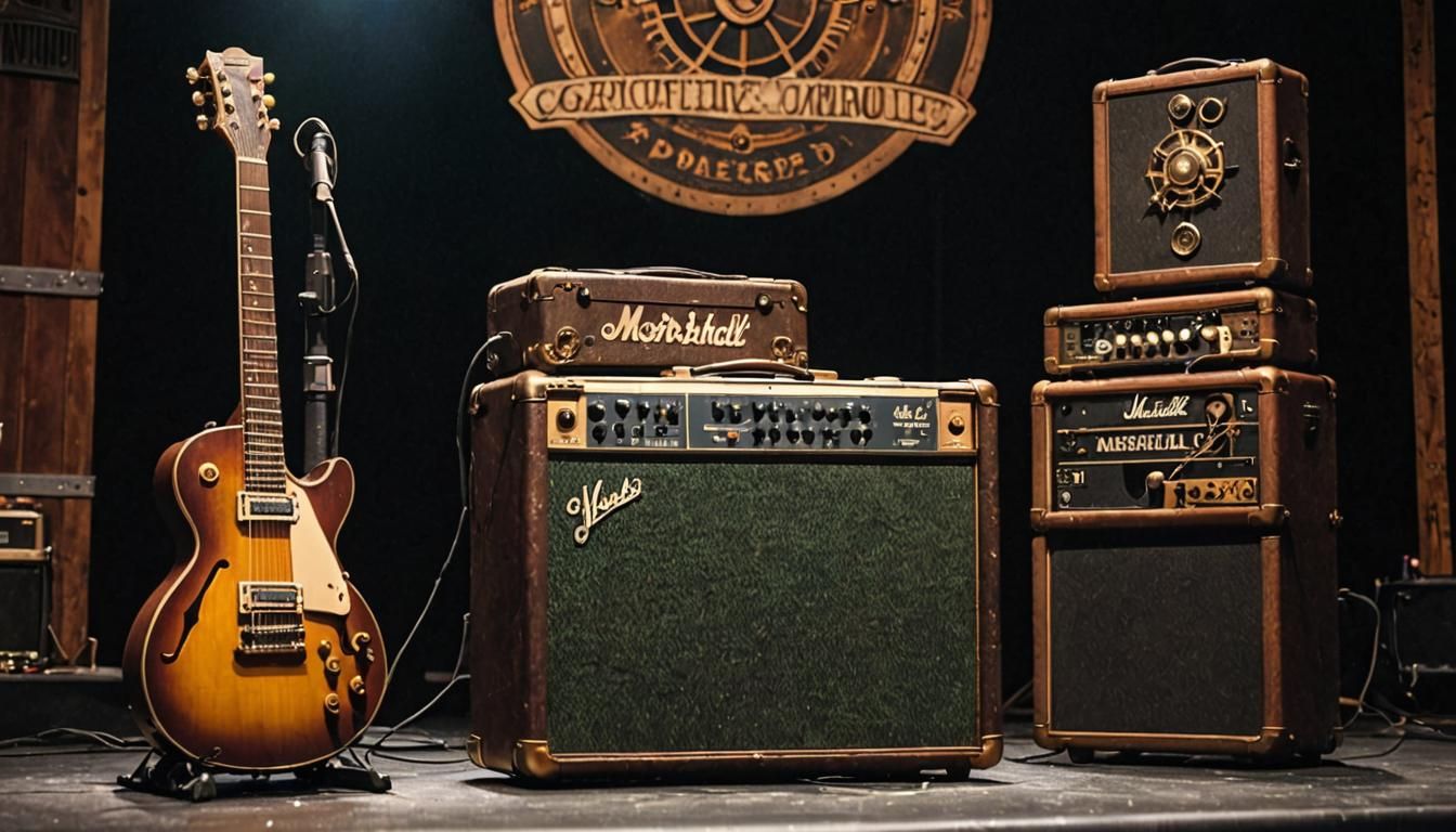 A guitar, a amp marshall, with steampunk flair on a stage
