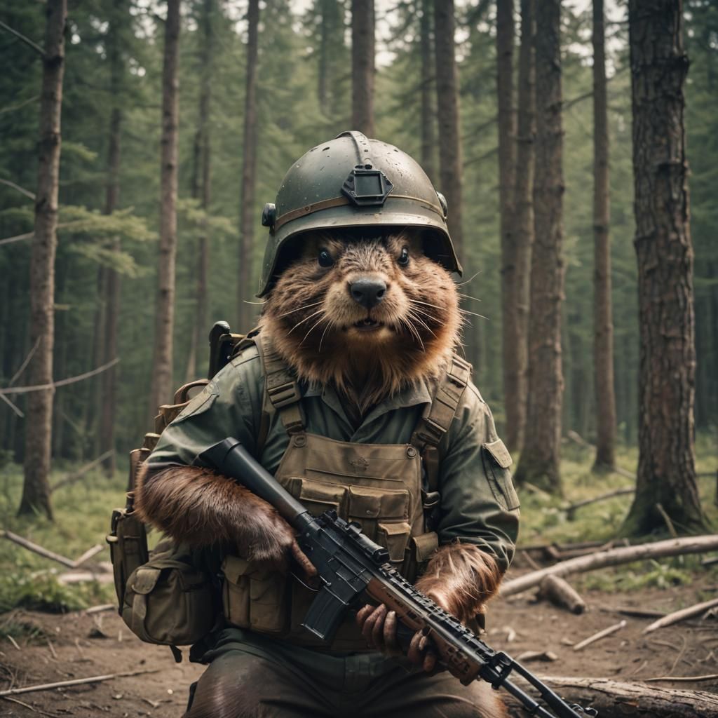 Angry beaver wearing a canadian forces combat helmet and hol...