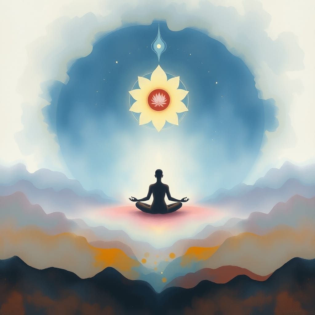 Ethereal Landscape with Meditating Figure in Gouache Style