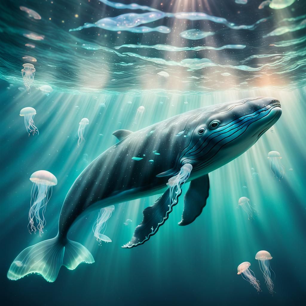 Underwater view of a huge fantastical glowing transparent glass whale swimming in the ocean. Surrounded by glowing jellyfish. heavenly sunsh...