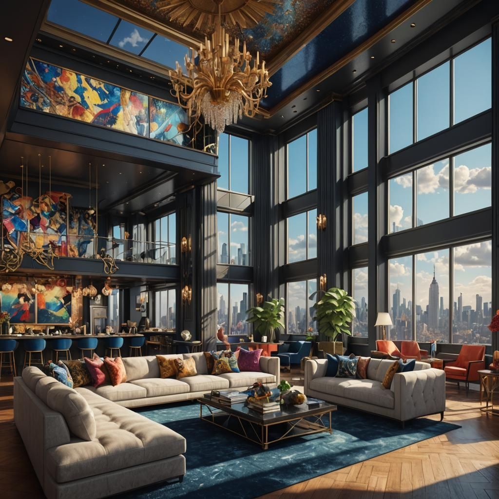 Interior of a New York penthouse. Maximalist interior design...