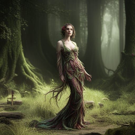Woman in forest wearing a dress made of vines, detailed matt...