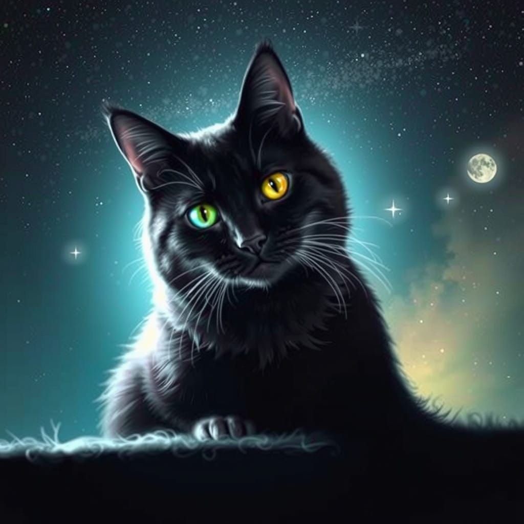 Mysterious Feline Gazing Under Starry Night Sky in Vibrant C...