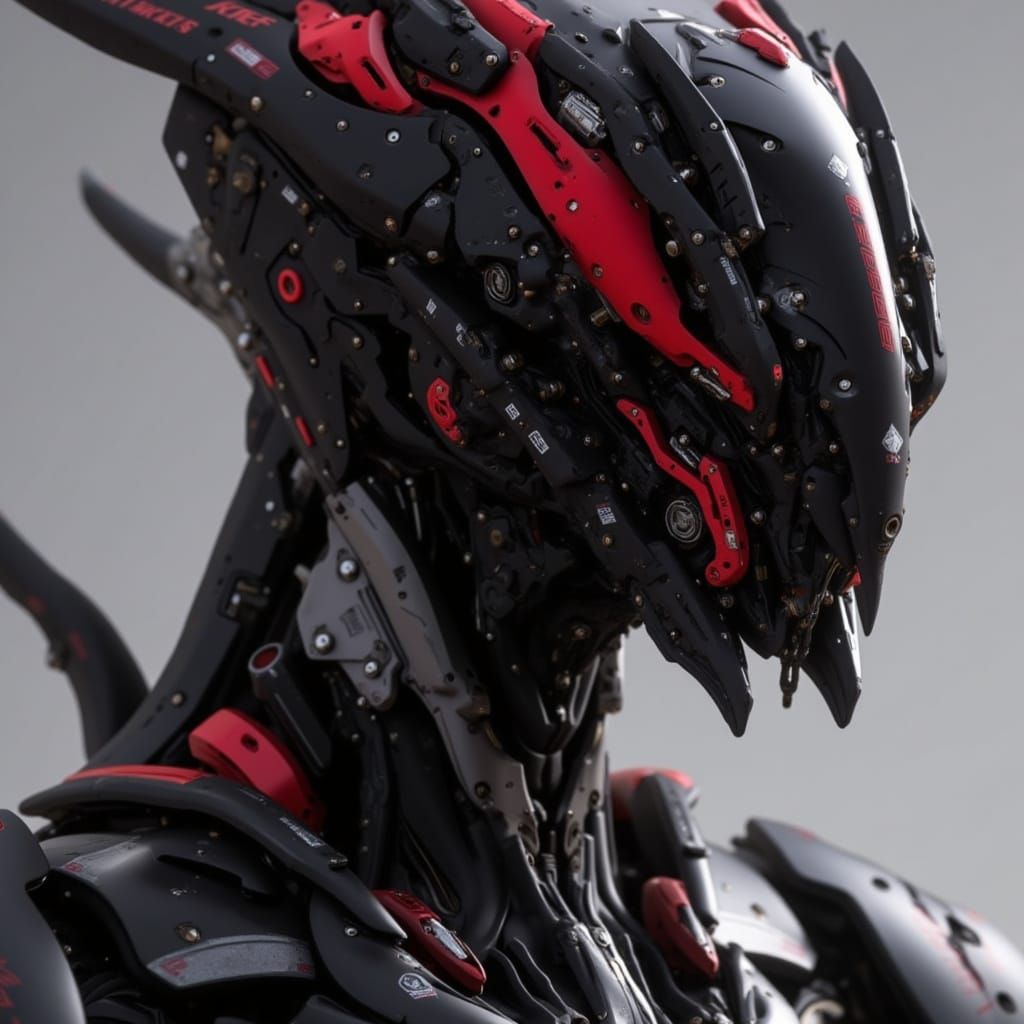 <lora:Brutalcore Mecha:1.0> A striking black red mecha portrait, closeup, side view
