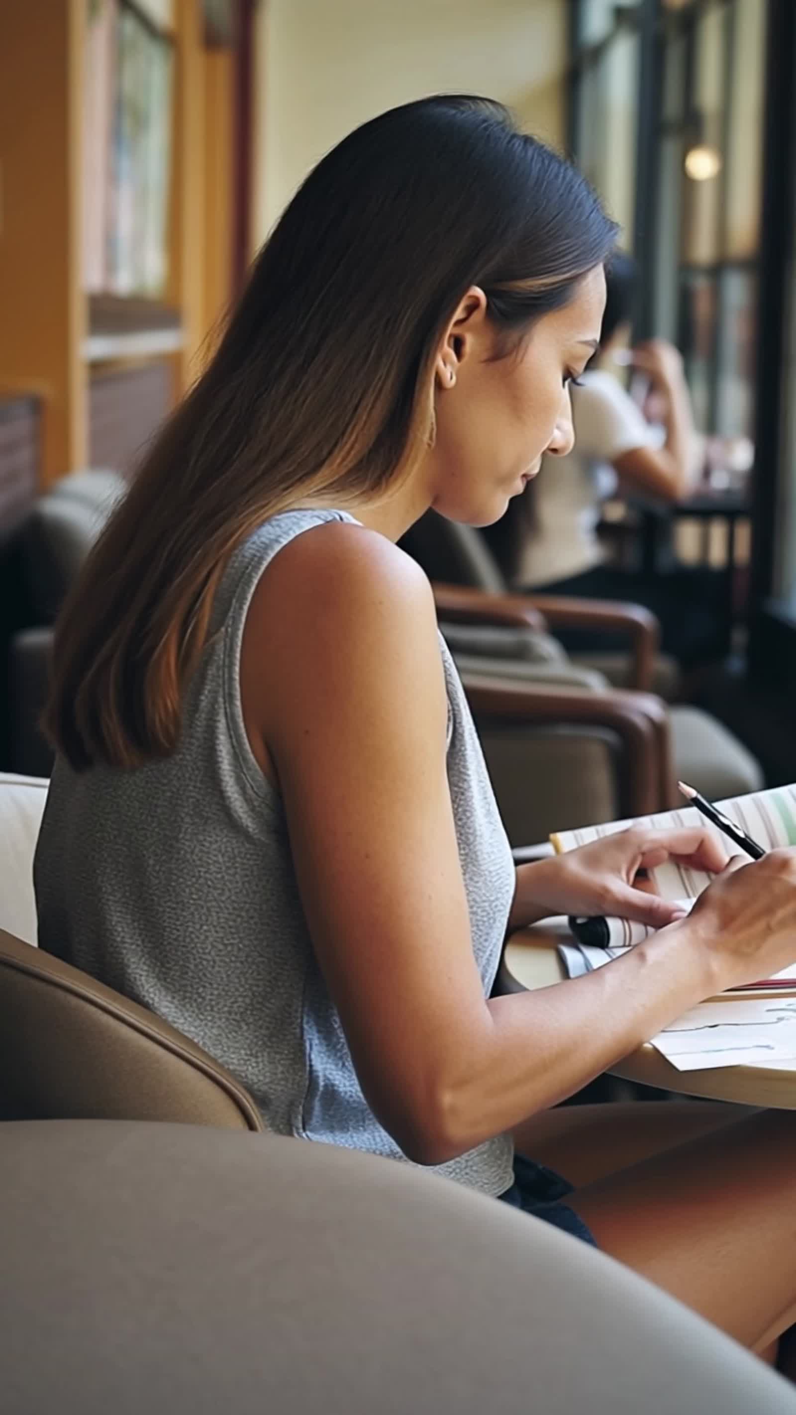 A calm lady sitting in a coffee shop coloring with pencils in a book. The book needs to be small - handheld size.