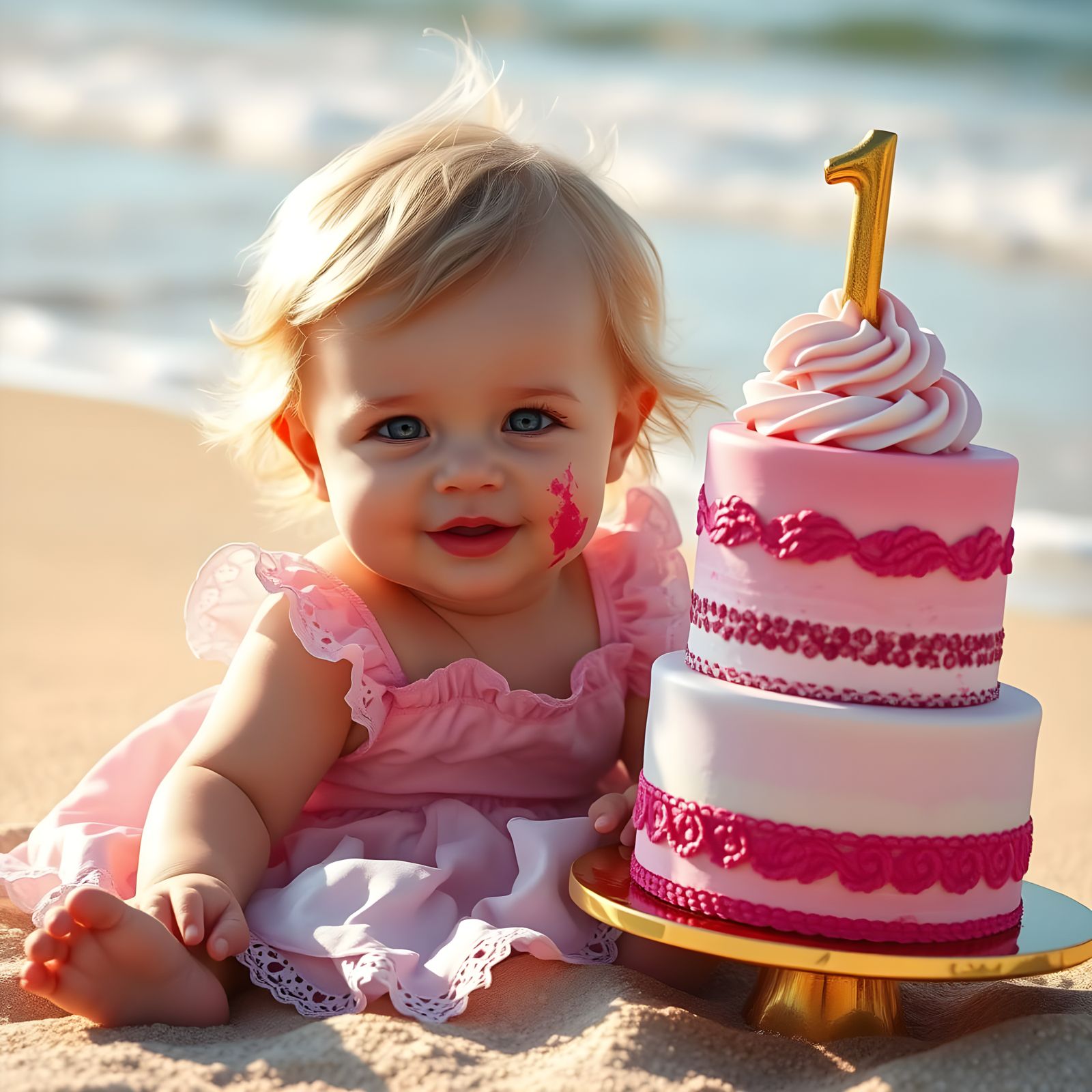 Delicate Beach Scene with Joyful Baby and Colorful Cake