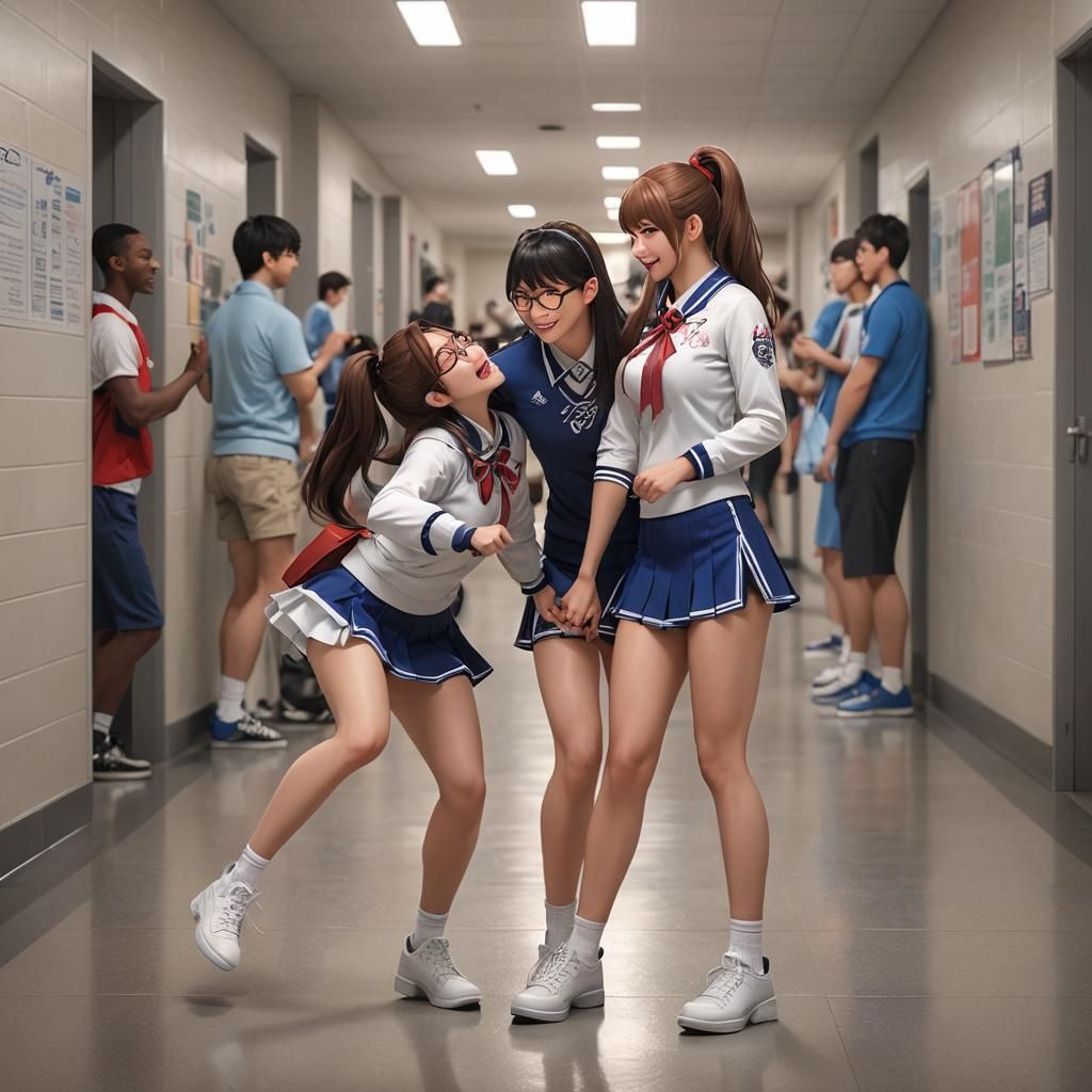 a hot cheerleader wearing a short skirt giving a male nerd a wedgie, pulling his tighty whities up in the school hallway