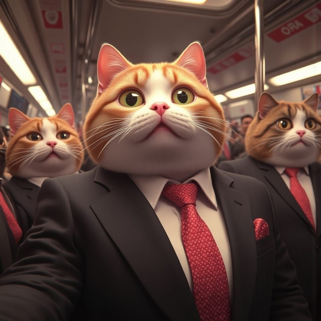 <lora:Cats on Rails:1.0> Close up of an anthropomorphic cat on a train wearing a business suit