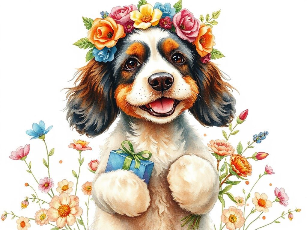 Whimsical Cocker Spaniel in Vibrant Floral Crown
