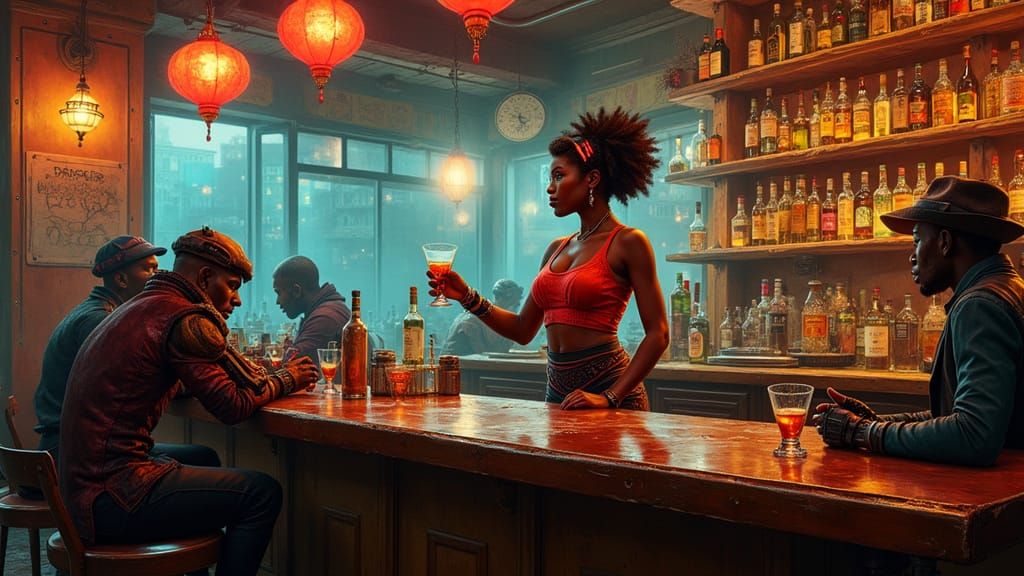 Cyberpunk bar (as painted by Rembrandt).